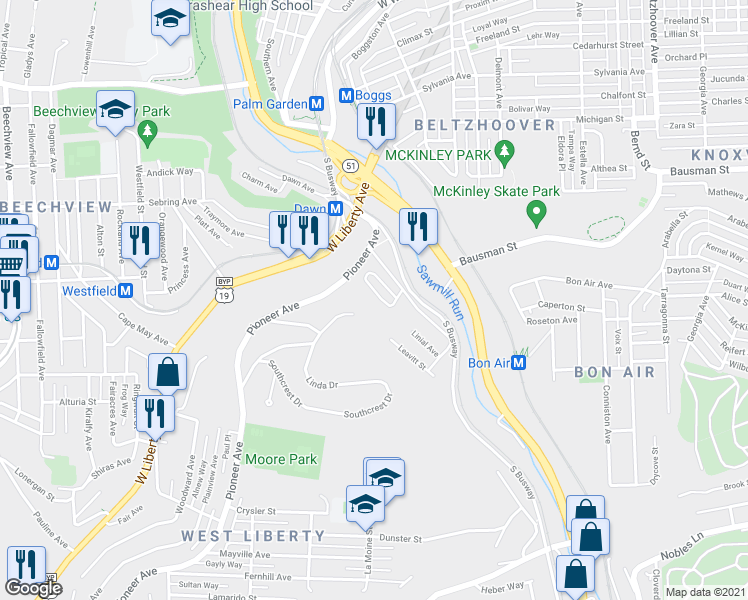 map of restaurants, bars, coffee shops, grocery stores, and more near 155 Londontowne Dr in Pittsburgh