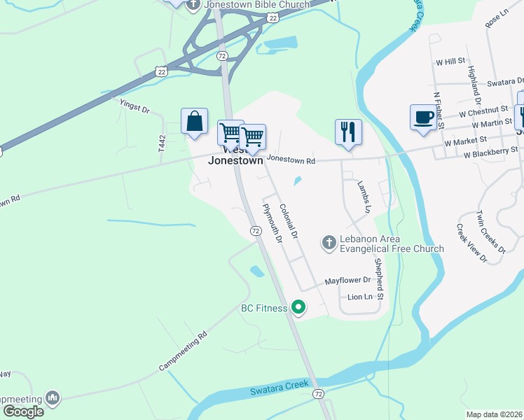 map of restaurants, bars, coffee shops, grocery stores, and more near 7 Plymouth Drive in Jonestown