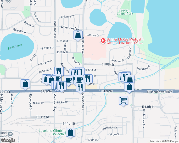 map of restaurants, bars, coffee shops, grocery stores, and more near 1644 East 17th Street in Loveland