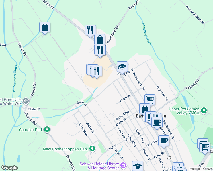 map of restaurants, bars, coffee shops, grocery stores, and more near 215 West 6th Street in East Greenville