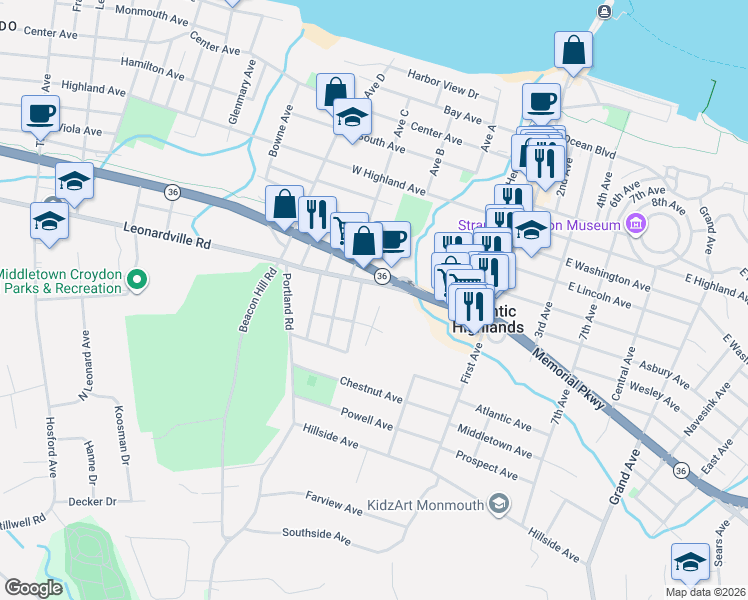 map of restaurants, bars, coffee shops, grocery stores, and more near 4 Leonardville Road in Atlantic Highlands