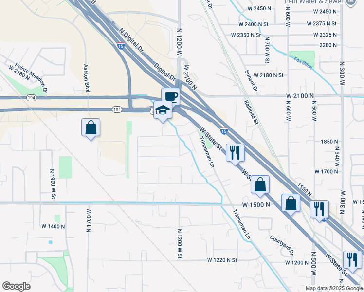 map of restaurants, bars, coffee shops, grocery stores, and more near 1836 North 1200 West Street in Lehi