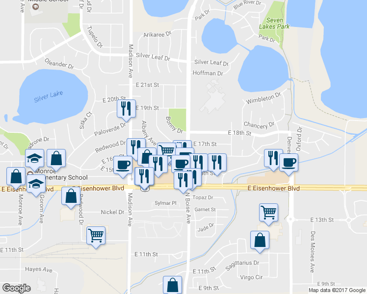 map of restaurants, bars, coffee shops, grocery stores, and more near 1600 Axial Dr in Loveland