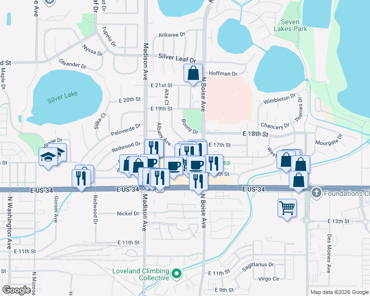 map of restaurants, bars, coffee shops, grocery stores, and more near 1644 Axial Drive in Loveland