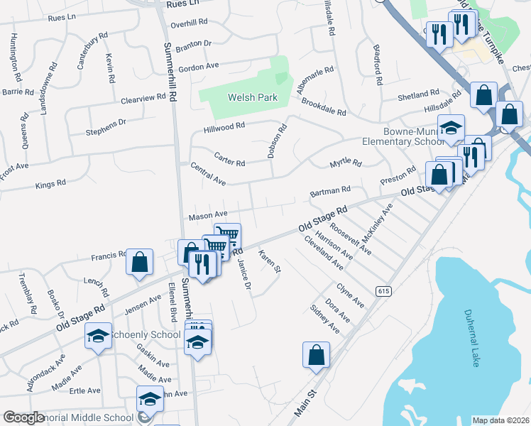 map of restaurants, bars, coffee shops, grocery stores, and more near 40 Mason Avenue in East Brunswick