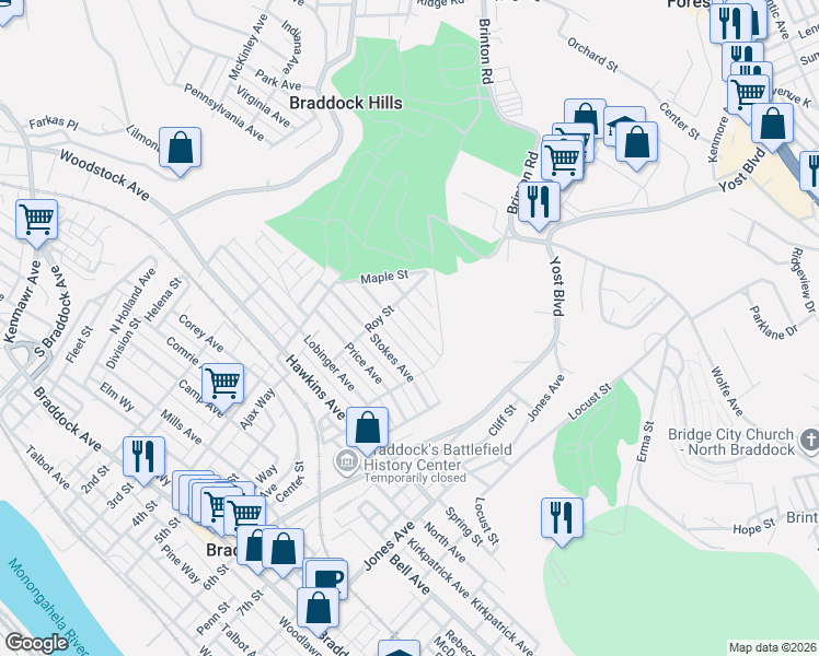 map of restaurants, bars, coffee shops, grocery stores, and more near 527 Seddon Avenue in Braddock