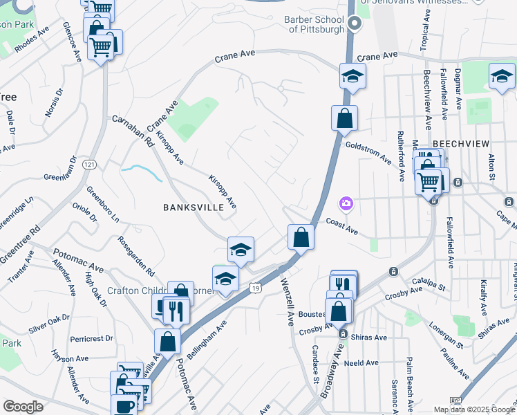 map of restaurants, bars, coffee shops, grocery stores, and more near 1077 Roseanne Avenue in Pittsburgh