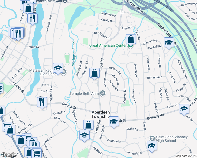 map of restaurants, bars, coffee shops, grocery stores, and more near 579 Lloyd Road in Monmouth County