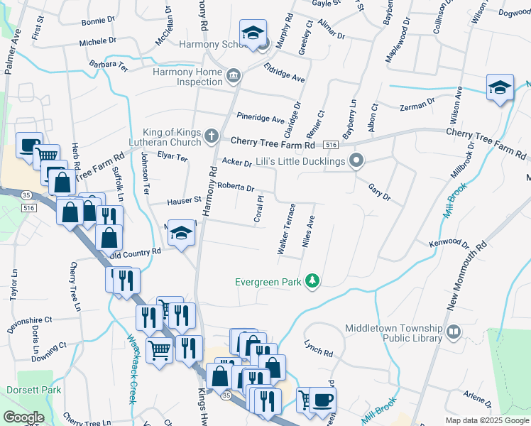map of restaurants, bars, coffee shops, grocery stores, and more near 6 Coral Place in Middletown