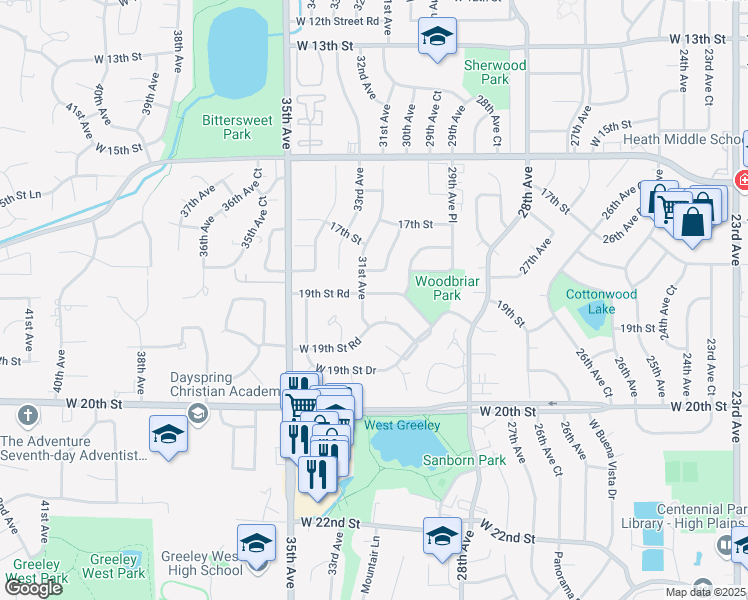 map of restaurants, bars, coffee shops, grocery stores, and more near 3018 W 19th St in Greeley