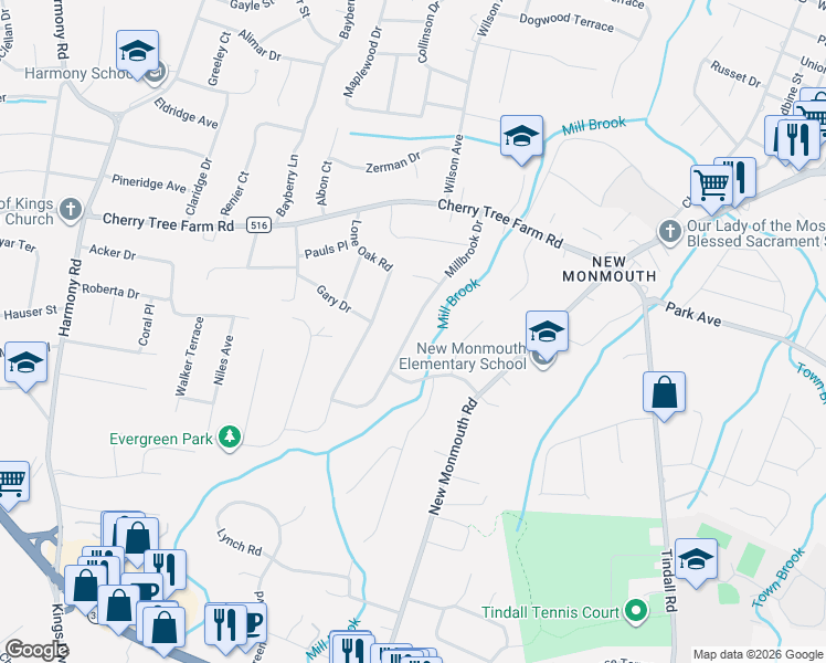map of restaurants, bars, coffee shops, grocery stores, and more near 29 Millbrook Drive in Monmouth County
