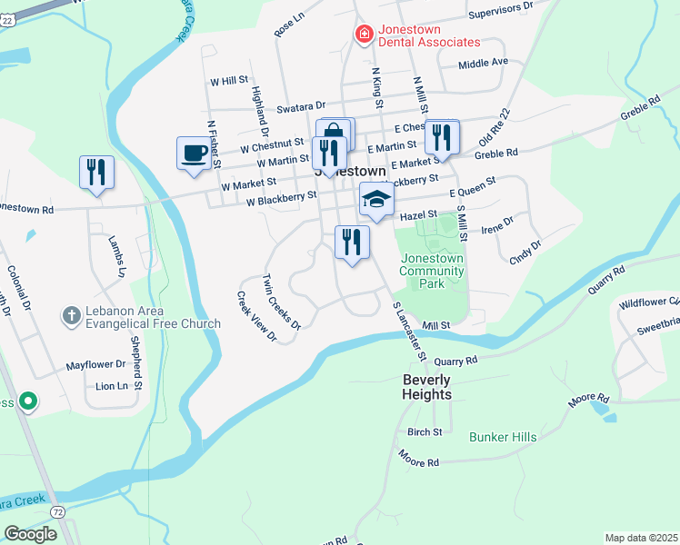 map of restaurants, bars, coffee shops, grocery stores, and more near 316 Swatara Creek Drive in Jonestown