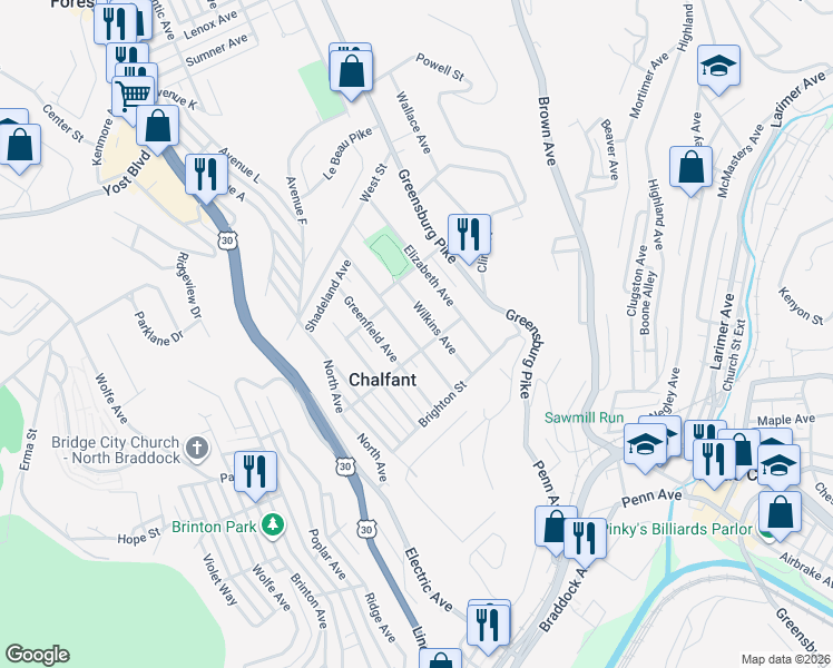 map of restaurants, bars, coffee shops, grocery stores, and more near 212 Highland Avenue in East Pittsburgh