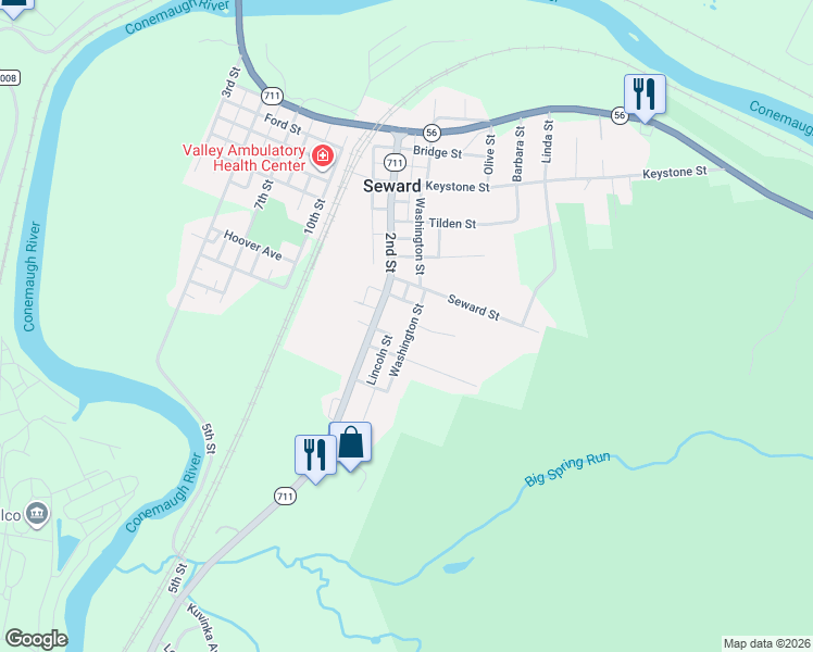 map of restaurants, bars, coffee shops, grocery stores, and more near 6926 Pennsylvania 711 in Seward