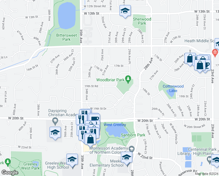 map of restaurants, bars, coffee shops, grocery stores, and more near 3018 West 19th Street in Greeley