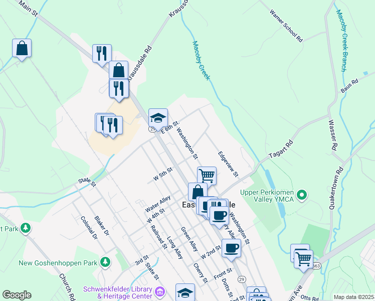 map of restaurants, bars, coffee shops, grocery stores, and more near 502 Washington Street in East Greenville