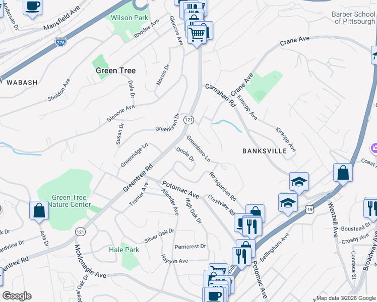 map of restaurants, bars, coffee shops, grocery stores, and more near 286 Oriole Drive in Pittsburgh