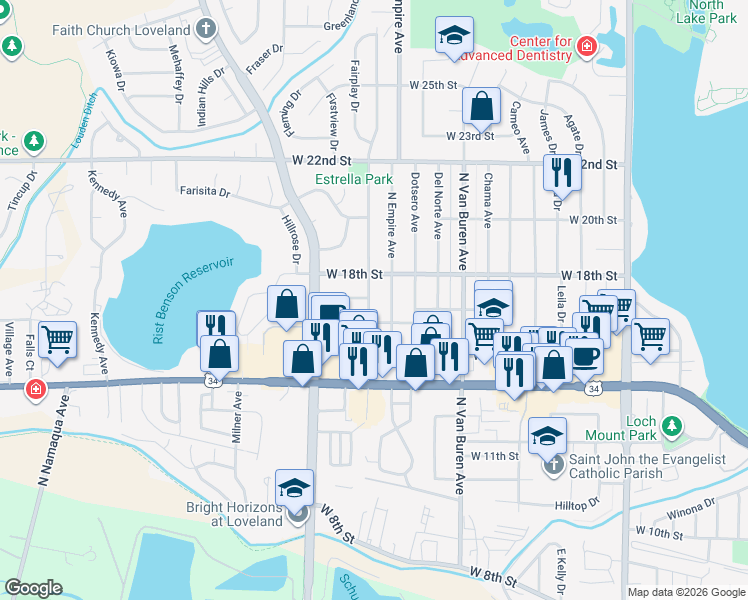 map of restaurants, bars, coffee shops, grocery stores, and more near 1712 North Estrella Avenue in Loveland