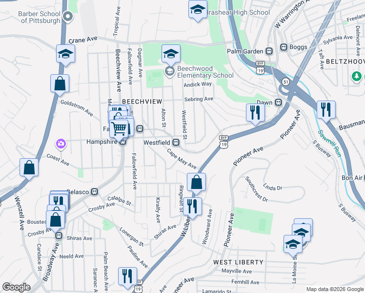 map of restaurants, bars, coffee shops, grocery stores, and more near 1619 Westfield Street in Pittsburgh
