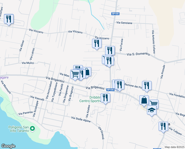 map of restaurants, bars, coffee shops, grocery stores, and more near 38 Via Sciabelle in Taranto