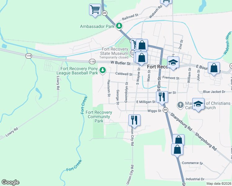 map of restaurants, bars, coffee shops, grocery stores, and more near 306 George Street in Fort Recovery