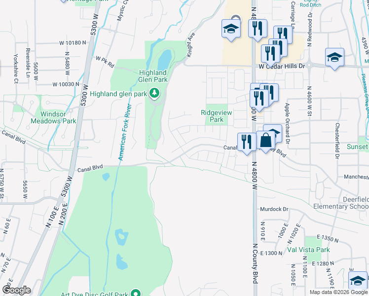 map of restaurants, bars, coffee shops, grocery stores, and more near 5061 Evergreen Lane in Highland