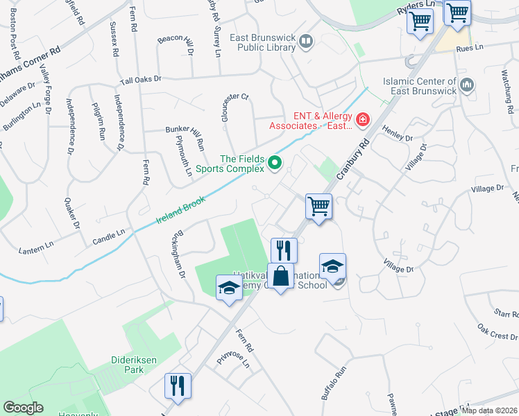 map of restaurants, bars, coffee shops, grocery stores, and more near 5 Brier Hill Court in East Brunswick