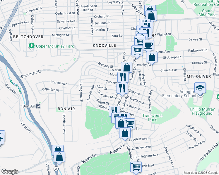 map of restaurants, bars, coffee shops, grocery stores, and more near 225 Alice Street in Pittsburgh