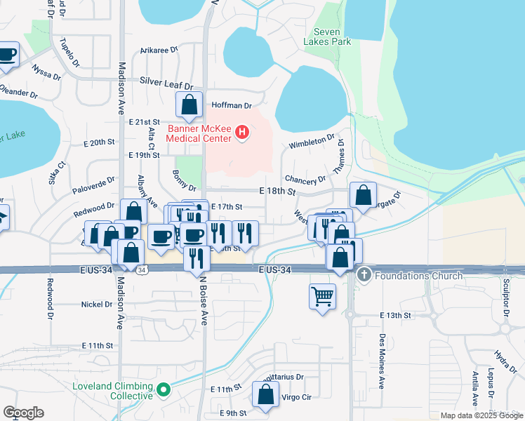 map of restaurants, bars, coffee shops, grocery stores, and more near 1846 East 17th Street in Loveland