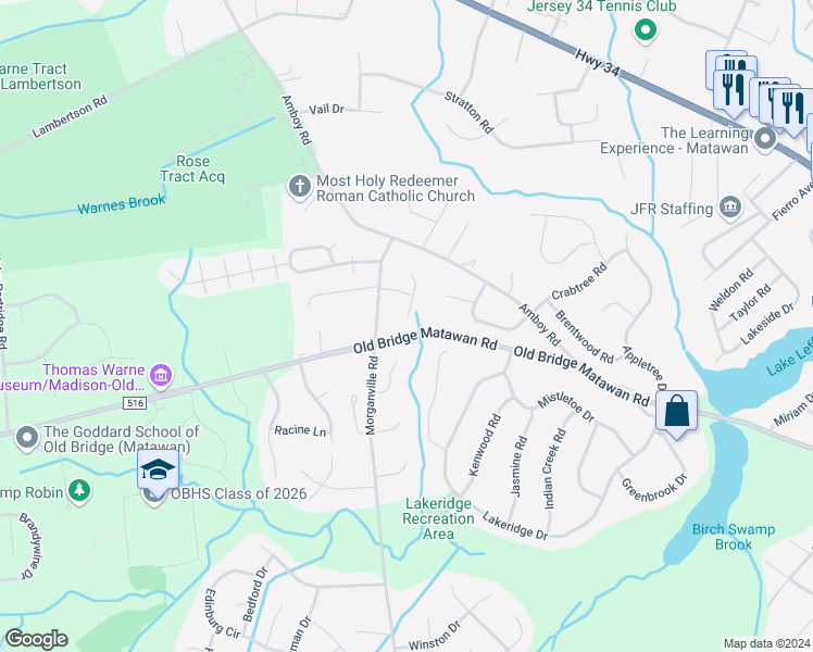 map of restaurants, bars, coffee shops, grocery stores, and more near 11 Walnut Court in Matawan