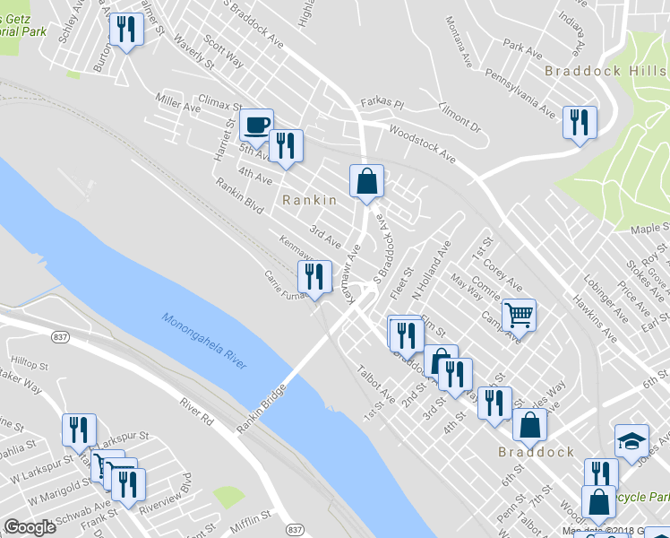 map of restaurants, bars, coffee shops, grocery stores, and more near 103 Rankin Boulevard in Braddock