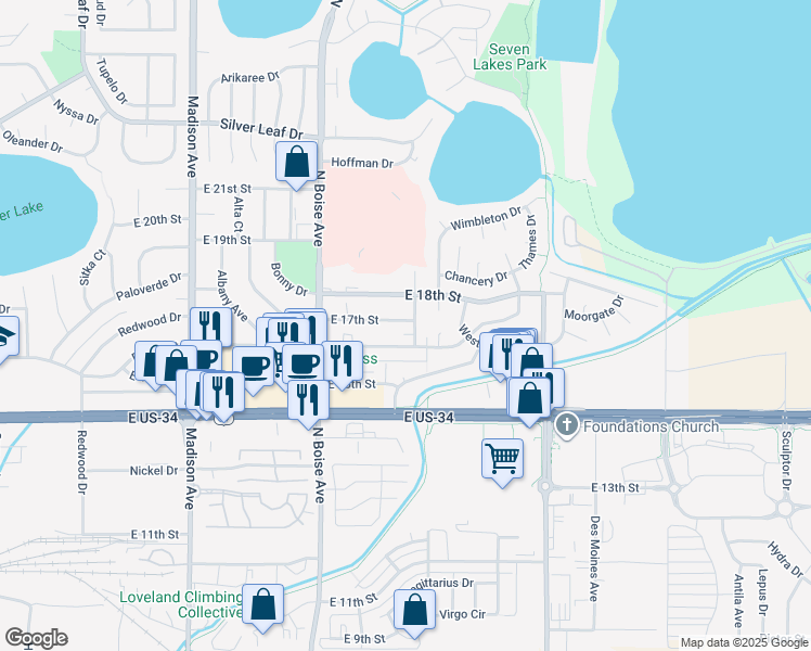 map of restaurants, bars, coffee shops, grocery stores, and more near 1840 East 17th Street in Loveland