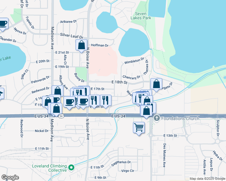 map of restaurants, bars, coffee shops, grocery stores, and more near 1844 East 17th Street in Loveland