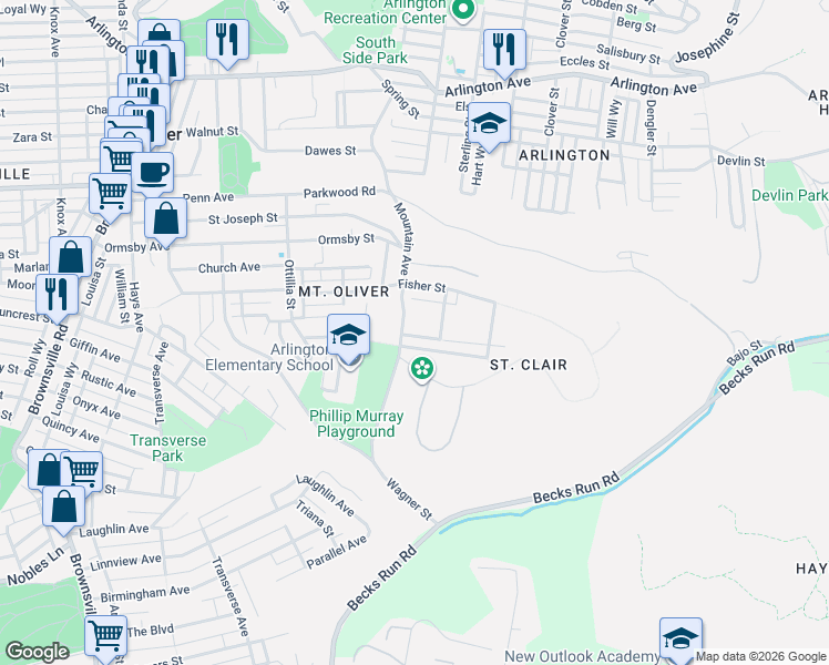 map of restaurants, bars, coffee shops, grocery stores, and more near 539 Mountain Avenue in Pittsburgh