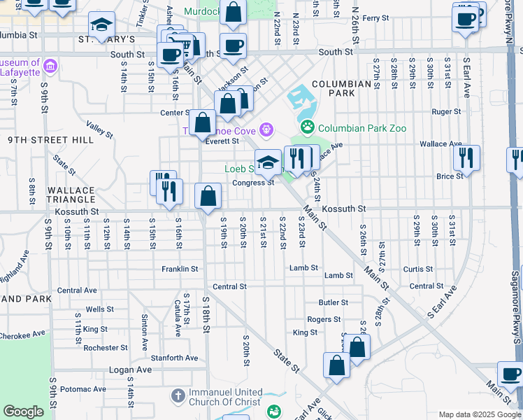 map of restaurants, bars, coffee shops, grocery stores, and more near Kossuth Street in Lafayette