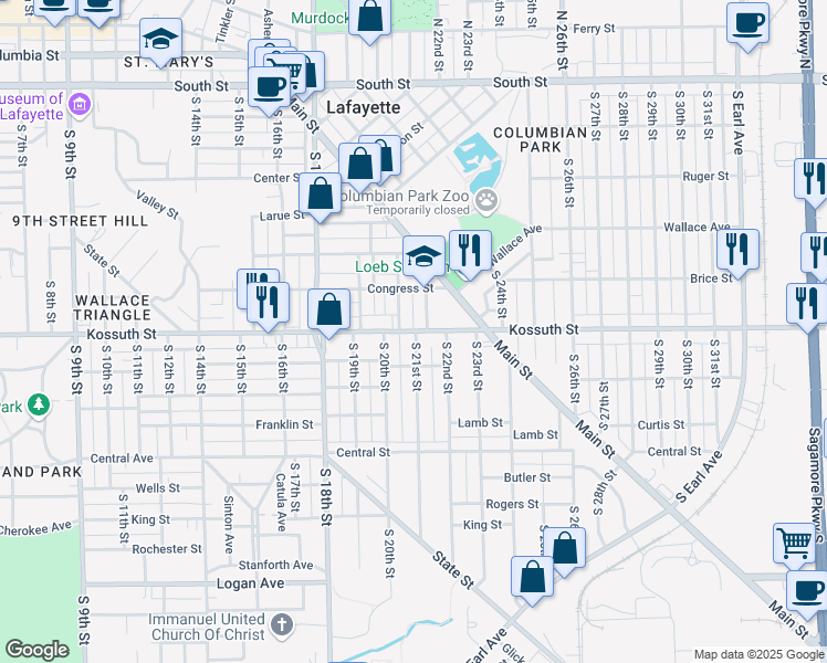 map of restaurants, bars, coffee shops, grocery stores, and more near Kossuth Street in Lafayette