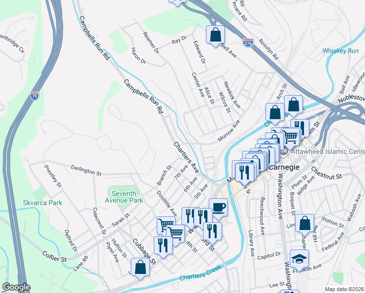 map of restaurants, bars, coffee shops, grocery stores, and more near 293 Lexington Court in Carnegie