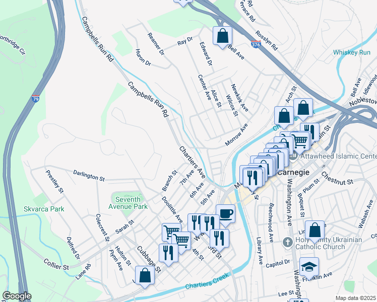 map of restaurants, bars, coffee shops, grocery stores, and more near 293 Lexington Court in Carnegie