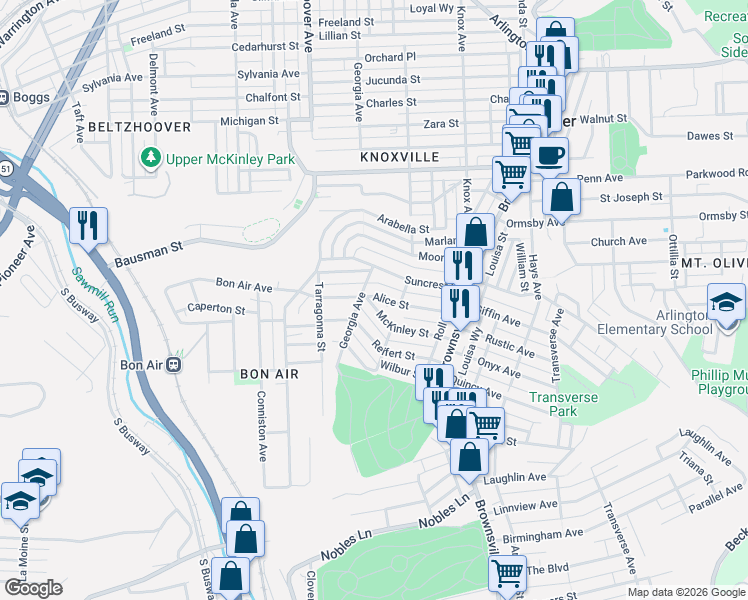 map of restaurants, bars, coffee shops, grocery stores, and more near 334 McKinley Street in Pittsburgh
