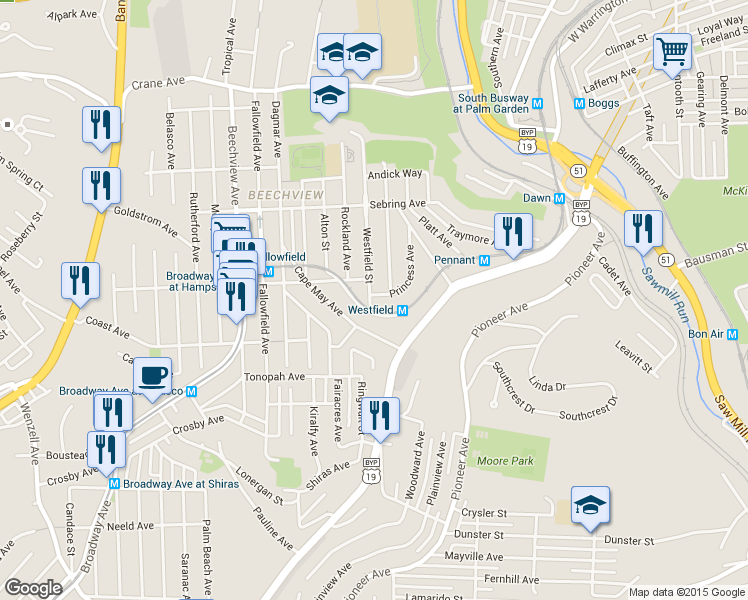 map of restaurants, bars, coffee shops, grocery stores, and more near 1619 Westfield Street in Pittsburgh