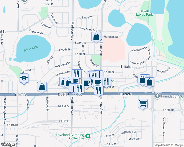 map of restaurants, bars, coffee shops, grocery stores, and more near 1644 Axial Drive in Loveland