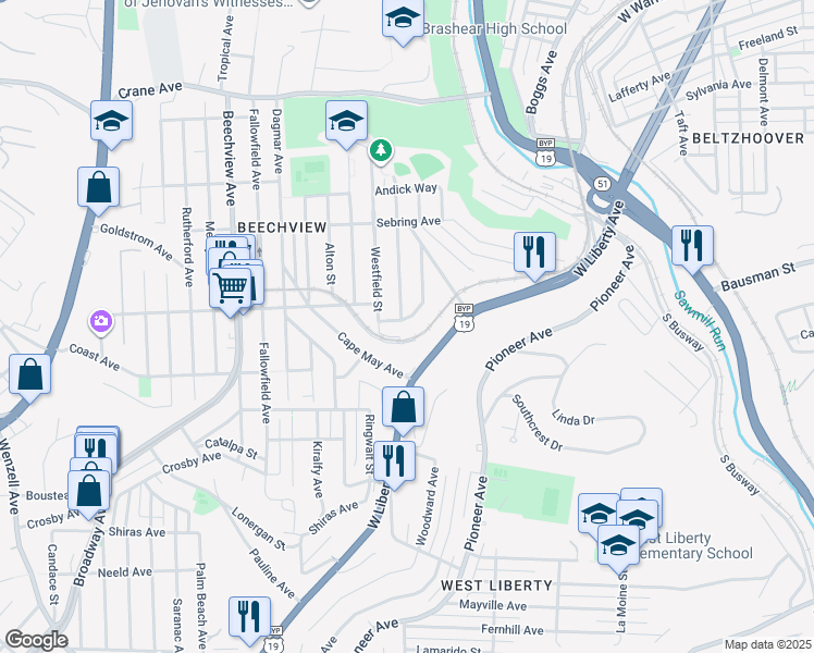 map of restaurants, bars, coffee shops, grocery stores, and more near 1627 Princess Avenue in Pittsburgh
