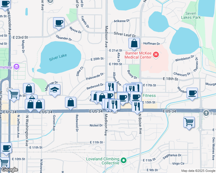 map of restaurants, bars, coffee shops, grocery stores, and more near 1304 Redwood Dr in Loveland