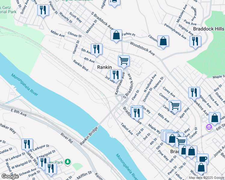 map of restaurants, bars, coffee shops, grocery stores, and more near 103 Rankin Boulevard in Braddock
