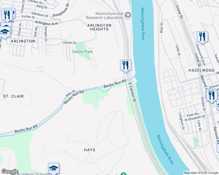 map of restaurants, bars, coffee shops, grocery stores, and more near 961 Becks Run Road in Pittsburgh