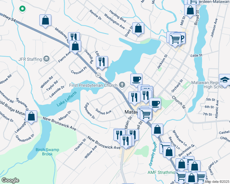 map of restaurants, bars, coffee shops, grocery stores, and more near 882 New Jersey 34 in Matawan