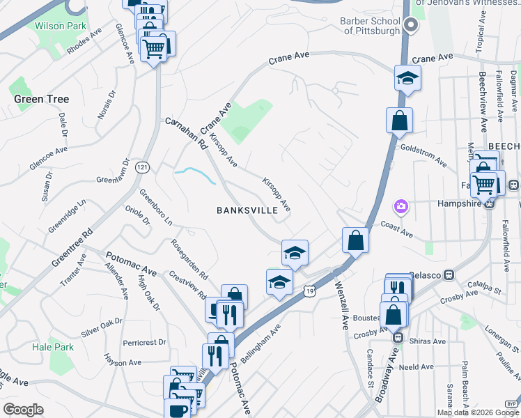 map of restaurants, bars, coffee shops, grocery stores, and more near 1016 Kirsopp Avenue in Pittsburgh