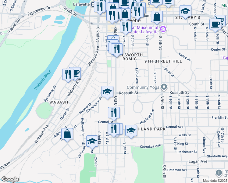 map of restaurants, bars, coffee shops, grocery stores, and more near 628 South 4th Street in Lafayette