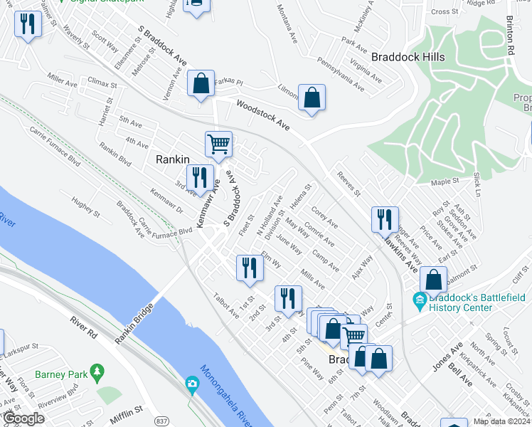 map of restaurants, bars, coffee shops, grocery stores, and more near 201 North Holland Avenue in Rankin