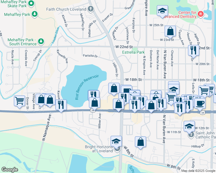 map of restaurants, bars, coffee shops, grocery stores, and more near 1776 Stove Prairie Circle in Loveland